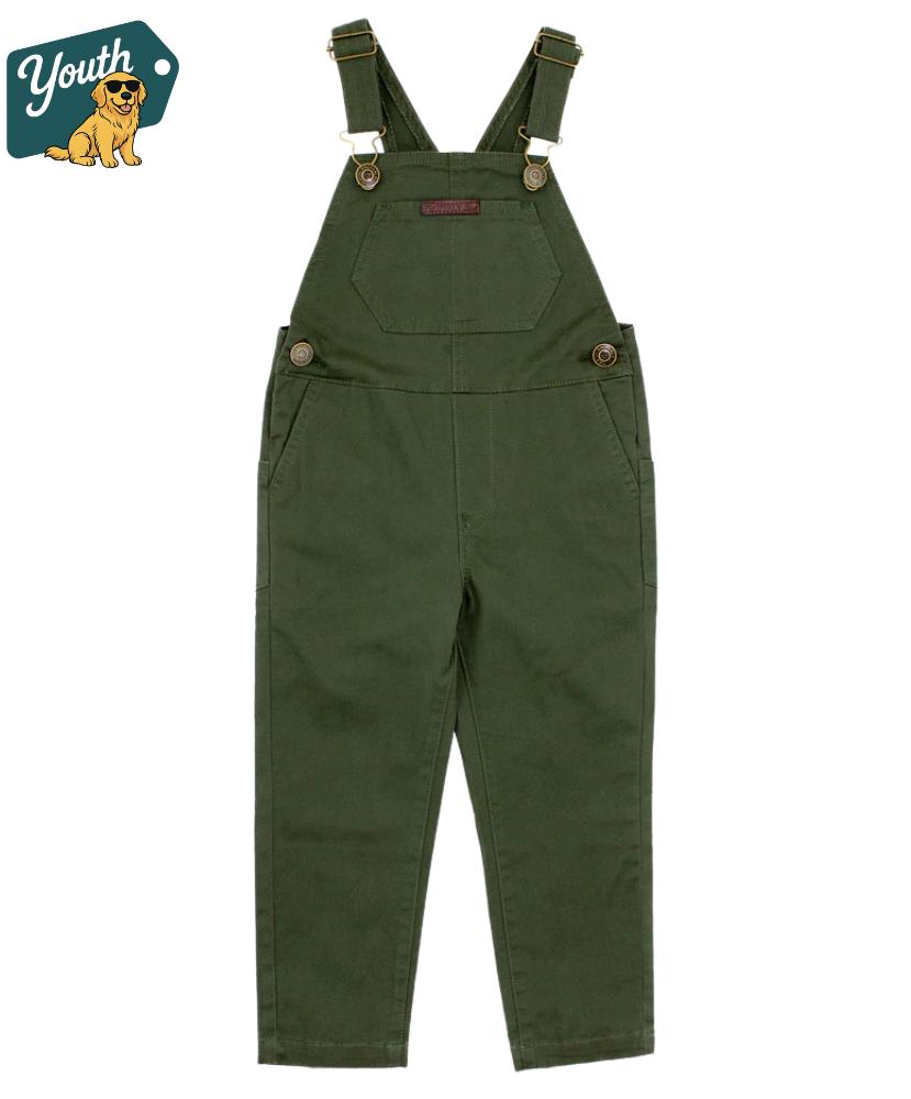 Green olive youth overalls on a white background with 'Youth' logo in the corner.