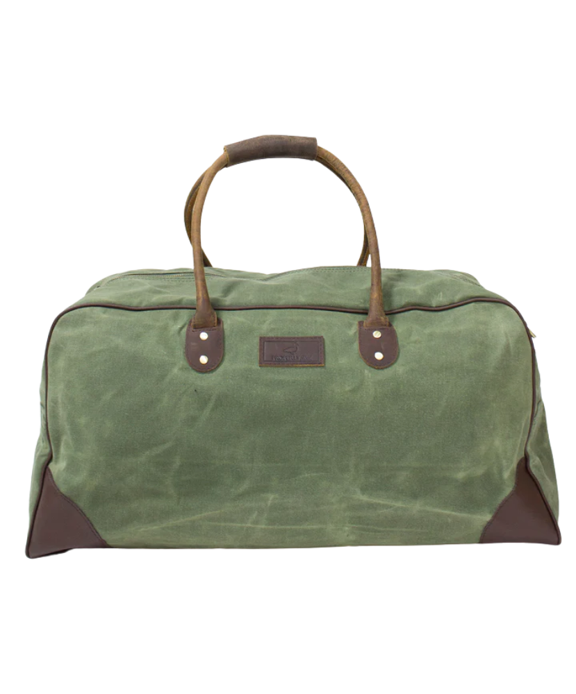 Green duffel bag with brown handles and accents on a white background