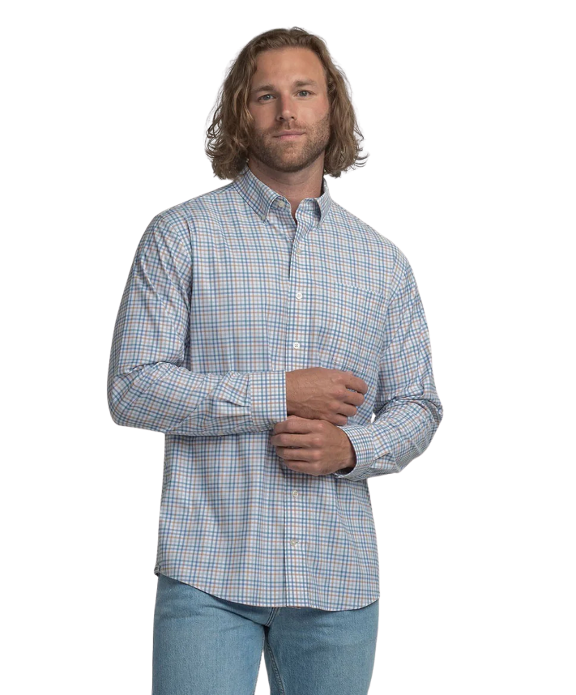 Man wearing a blue checkered shirt on a white background