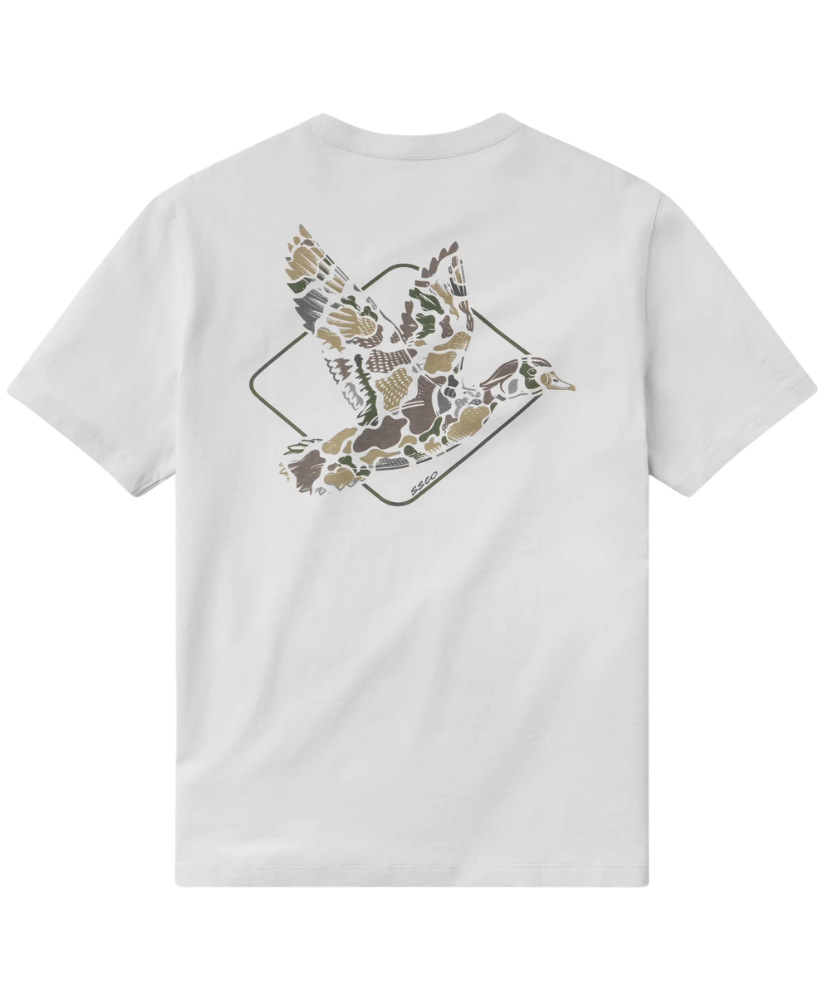 White t-shirt with a camo duck graphic design of a bird on a white background