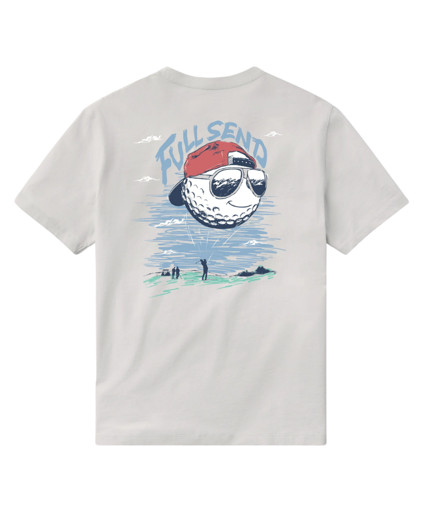 White t-shirt with a golf ball graphic and 'Full Send' text on a white background