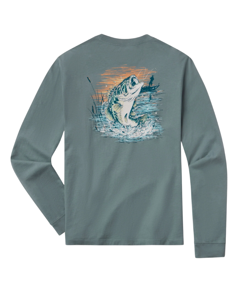 Long-sleeve shirt with a bass fish graphic on the back against a white background