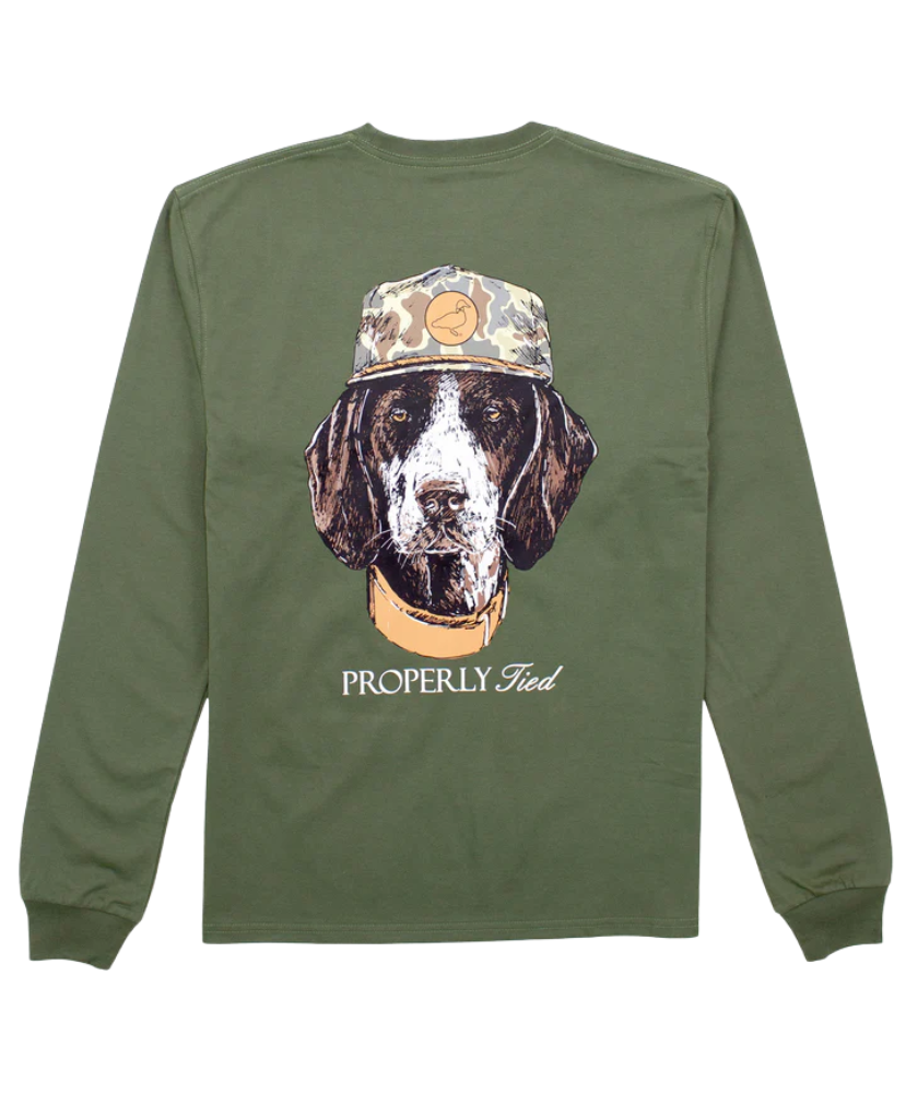 Green long-sleeve shirt with a dog graphic and 'Properly Tied' text on the back.