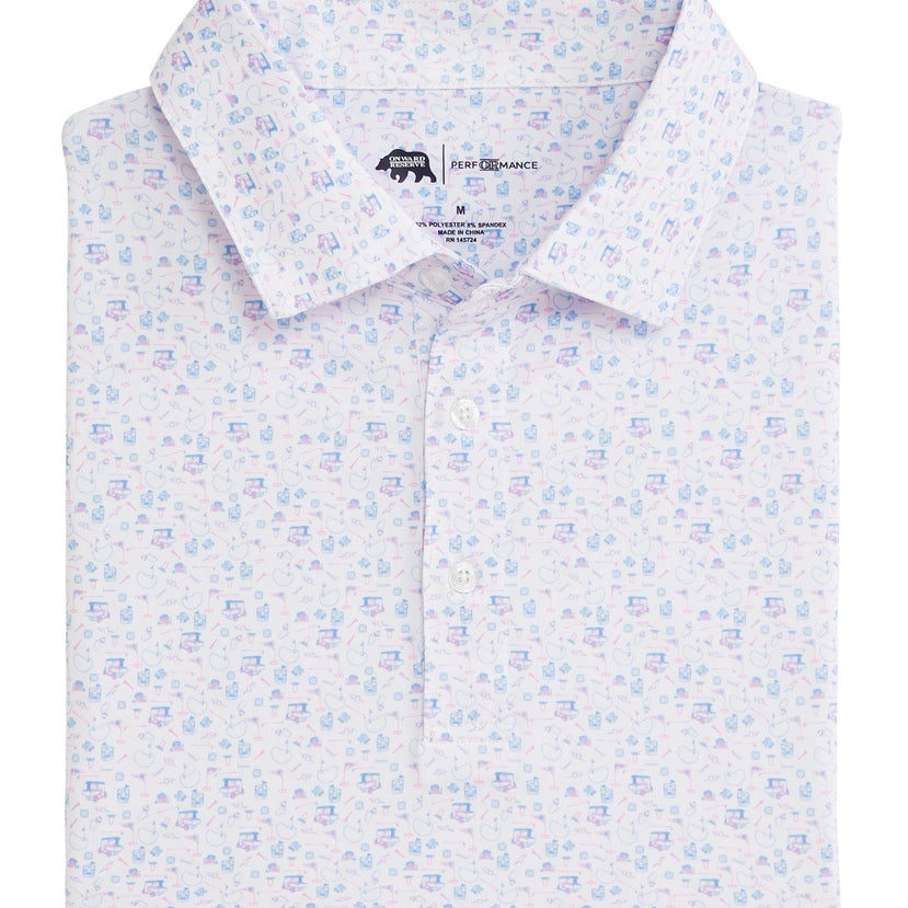 A white performance polo shirt with a blue GOLF floral pattern and the Onward Reserve logo at the collar.