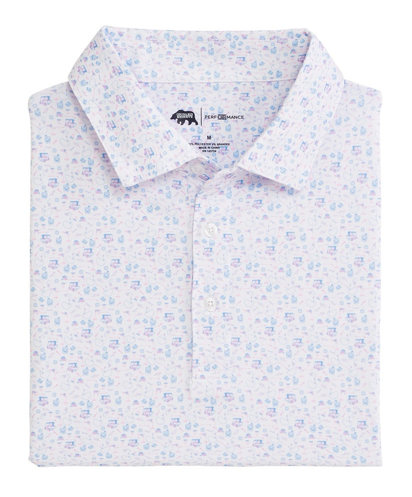 A white performance polo shirt with a blue GOLF floral pattern and the Onward Reserve logo at the collar.