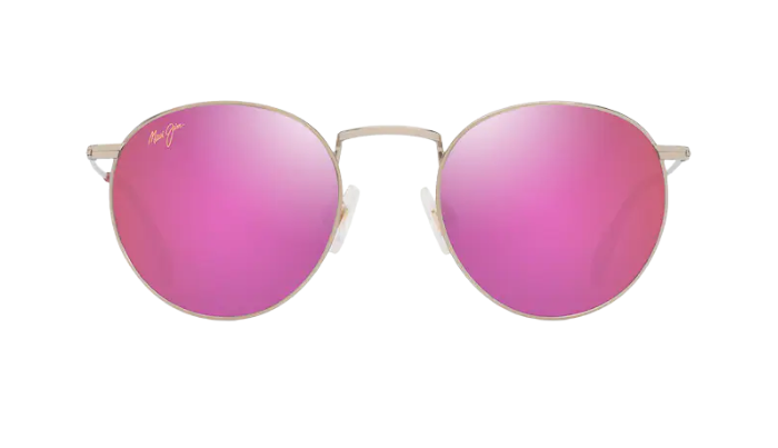Round sunglasses with pink lenses and gold frames on a white background