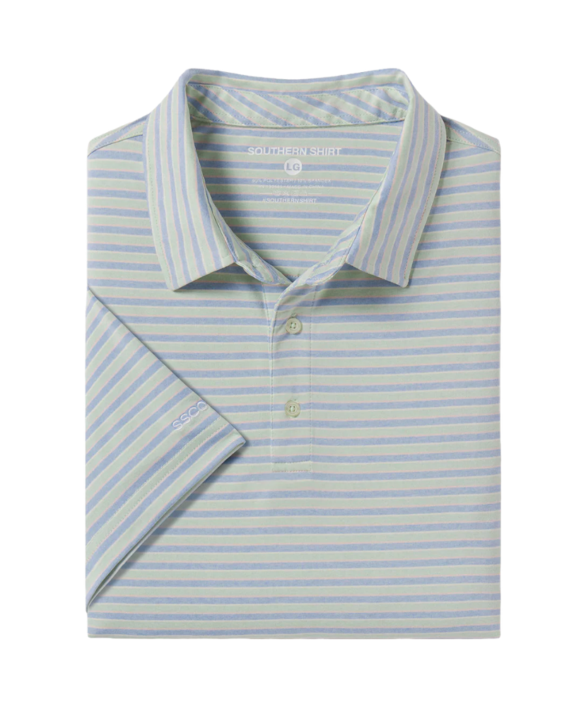 Light blue and white striped polo shirt on a white background