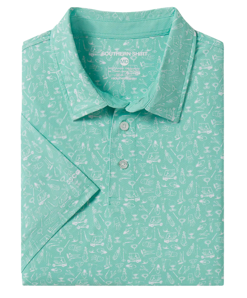 Teal polo shirt with white GOLF pattern on a transparent background