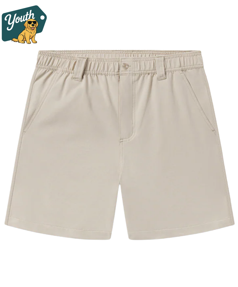Beige shorts on a white background with a 'Youth' logo in the corner.