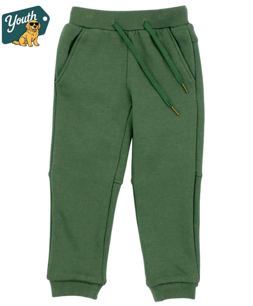 Boys Green jogger sweatpants with a brand logo on a white background