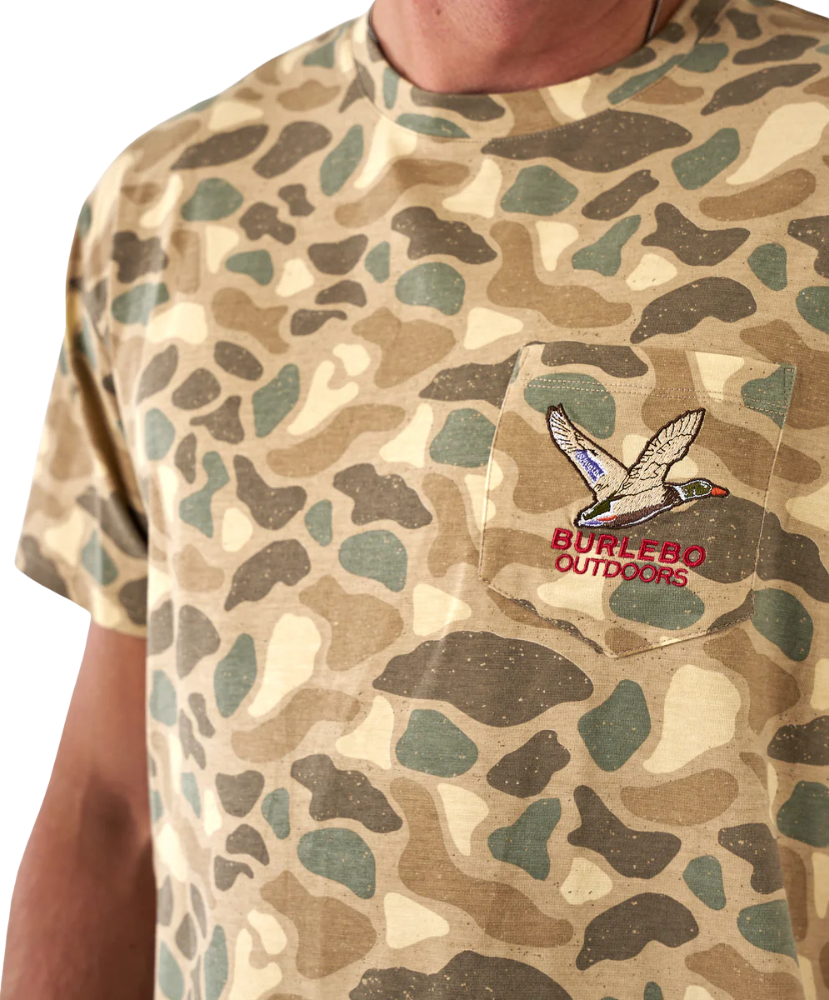 Camouflage t-shirt with a logo on a person wearing it