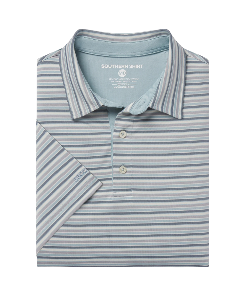 Folded blue and gray and purple striped polo shirt with Southern Shirt label on a white background
