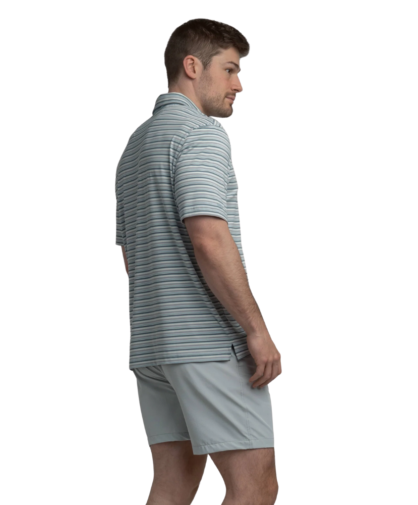 Man wearing a gray, blue, and purple striped polo shirt and shorts on a white background