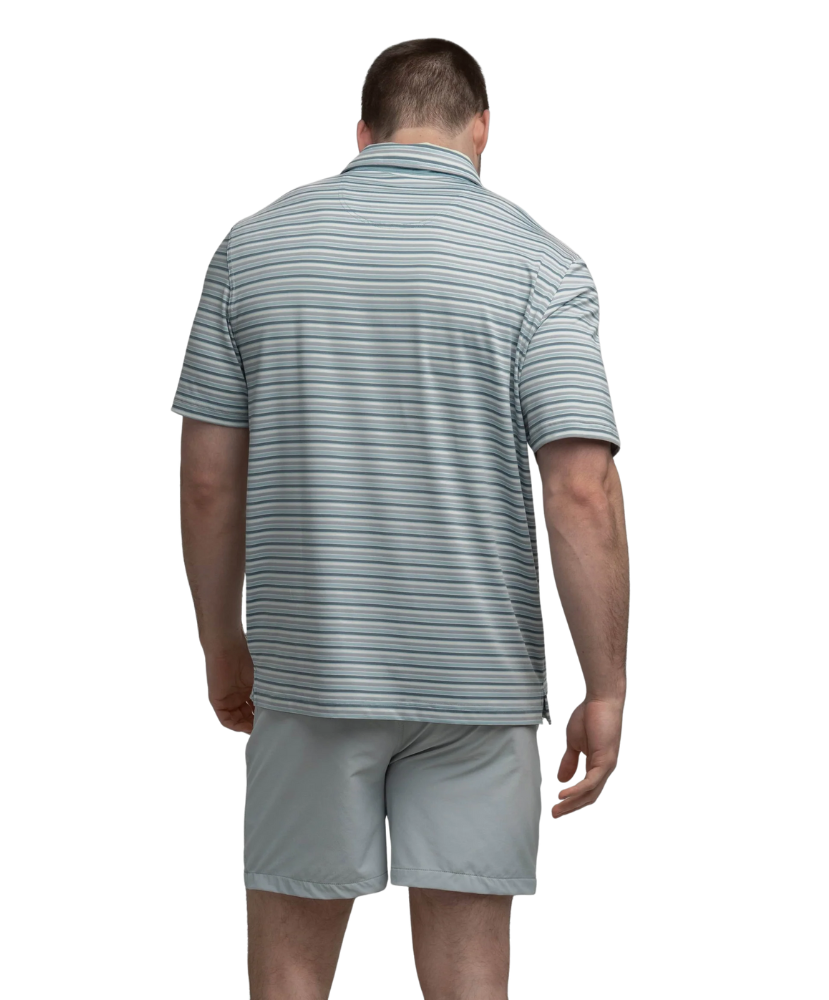 Man wearing a gray, blue, and purple striped polo shirt and shorts on a white background