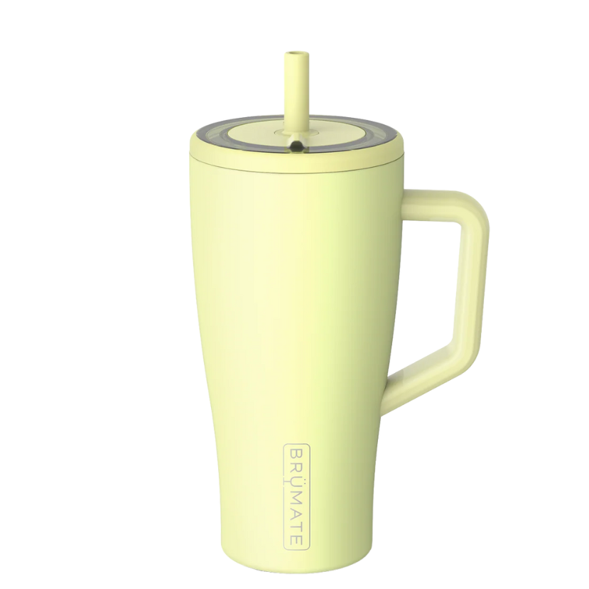 Yellow mug with handle and straw lid on a white background
