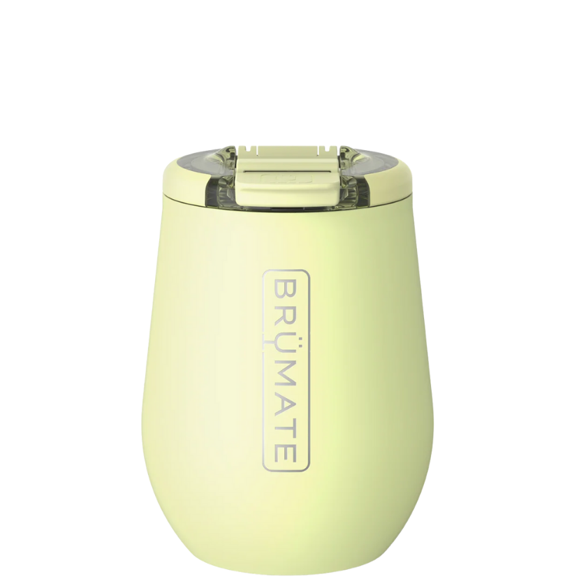 Yellow wine INSULATED tumbler with Brumate logo on a white background