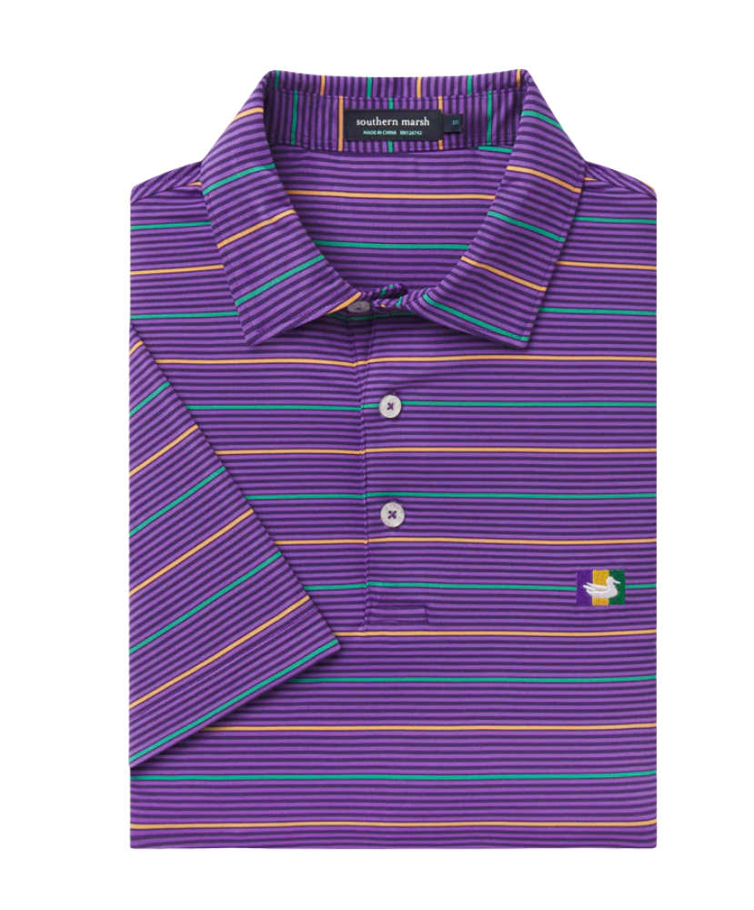 Purple Mardi Gras striped polo shirt with a brand label on a white background
