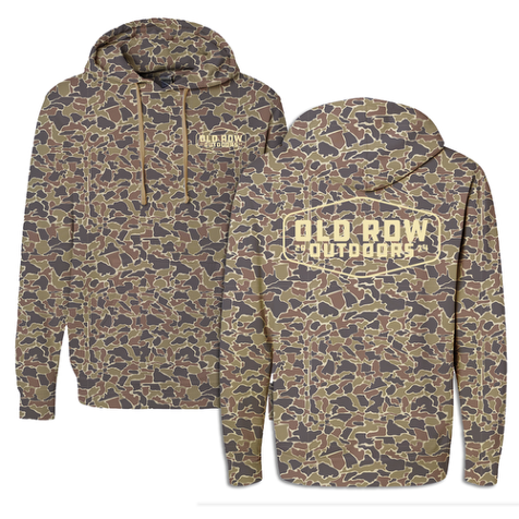 Camouflage hoodie with 'Old Row Outdoors' branding on a white background