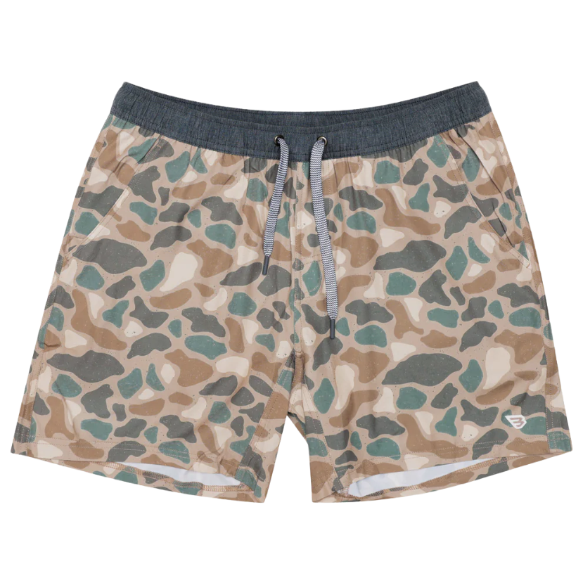 Camouflage athletic shorts with a drawstring on a white background