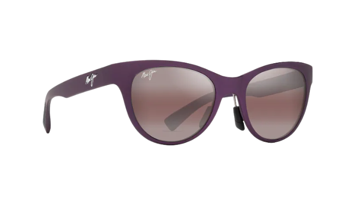 Purple sunglasses with a reflective lens on a white background