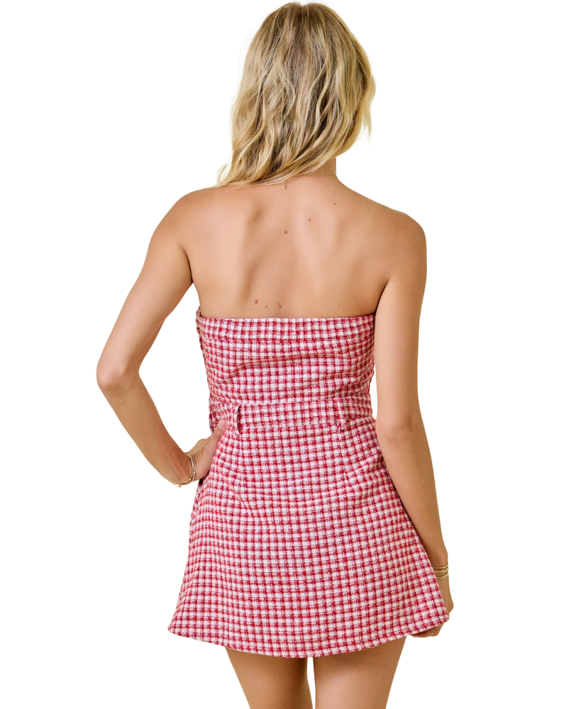 Woman wearing a red and white checkered dress on a white background