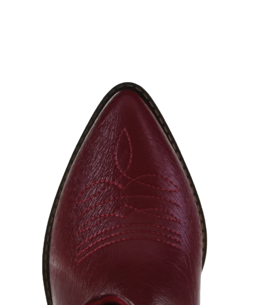 Close-up of a red cowboy boot with detailed stitching on a white background