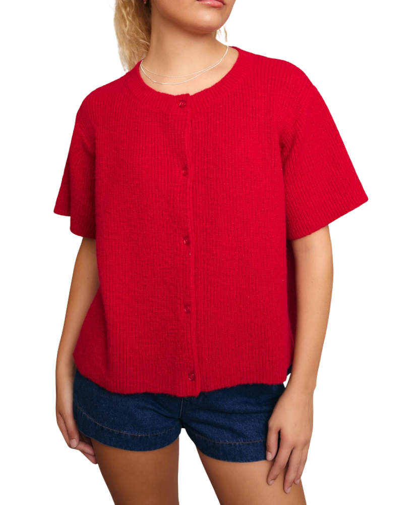 Red short-sleeve cardigan worn by a person on a white background