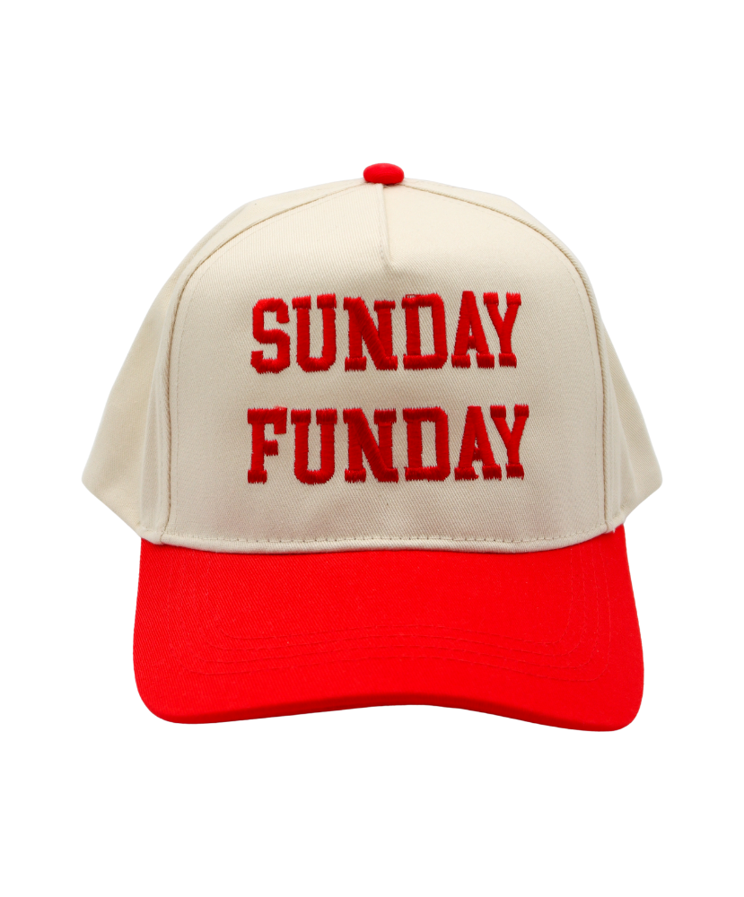 Beige and red cap with 'SUNDAY FUNDAY' text on a white background