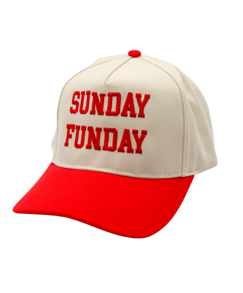 Beige and red cap with 'SUNDAY FUNDAY' text on a white background