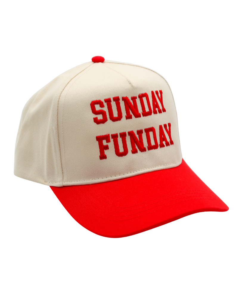 Beige and red cap with 'SUNDAY FUNDAY' text on a white background