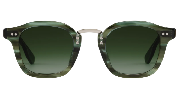 Green sunglasses with gradient lenses on a white background