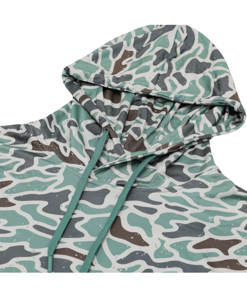 Camouflage-patterned hooded jacket on a white background