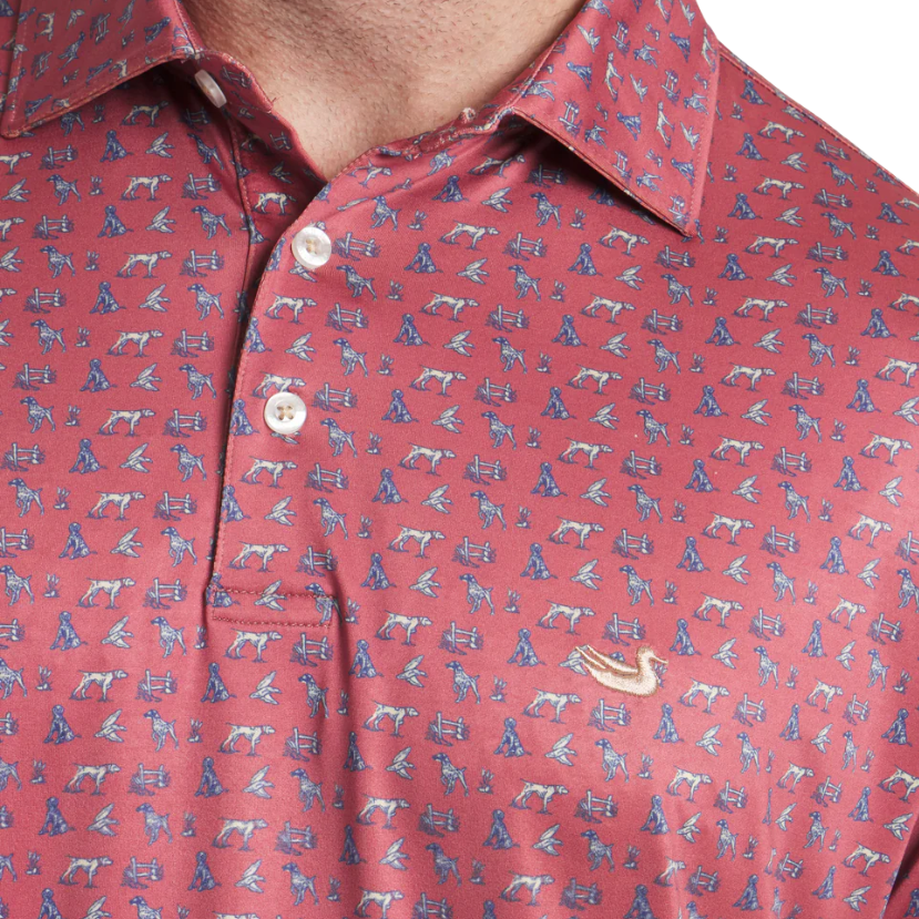 Red polo with hunting pointer dogs print. Men's Polo