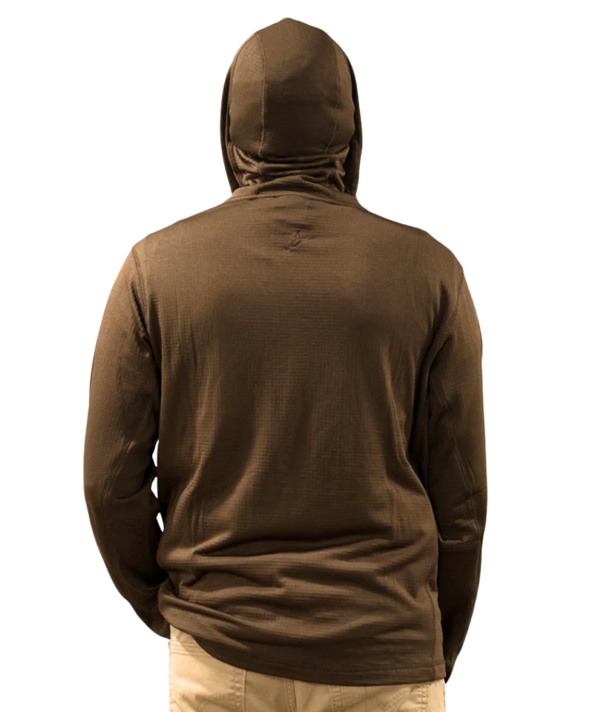 Brown hoodie worn by a person on a white background