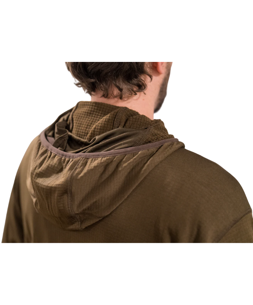 Person wearing a brown hooded jacket with a checkered lining on a white background