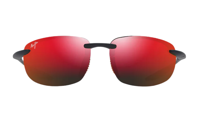 Red MAUI JIM polarized sunglasses with black frames on a white background