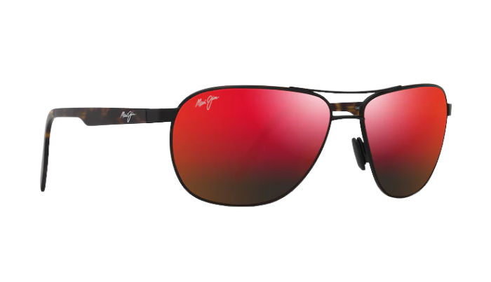 Maui Jim Aviator Sunglasses with red lenses and black frame on a white background