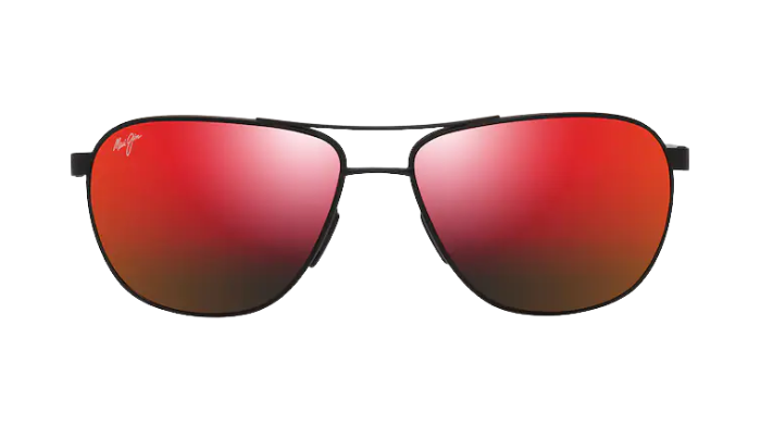 Maui Jim Aviator Sunglasses with red lenses and black frame on a white background