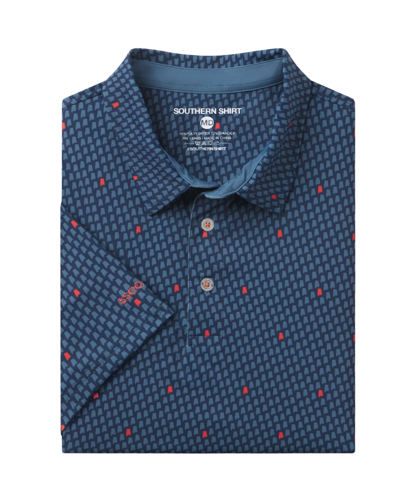 Blue polo shirt with red Alabama state outline pattern and 'SSCO' logo on a white background