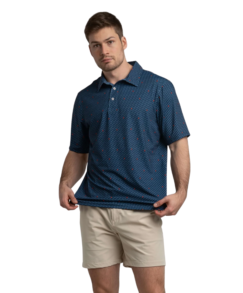 Man wearing a blue polo shirt with red Alabama state outline pattern and 'SSCO' logo on a white background