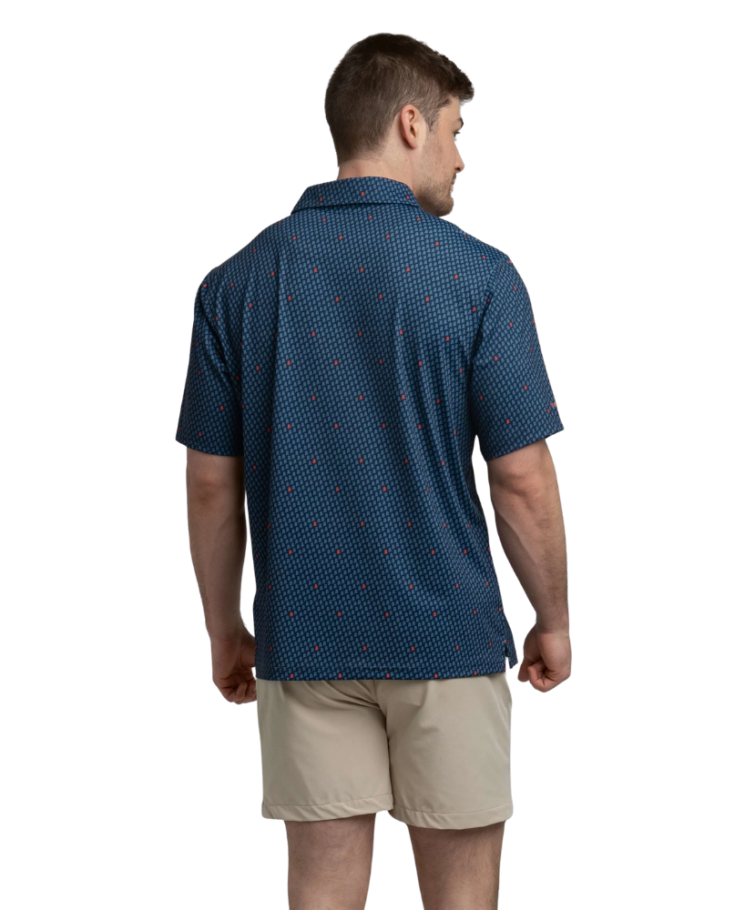 Man wearing a blue polo shirt with red Alabama state outline pattern and 'SSCO' logo on a white background