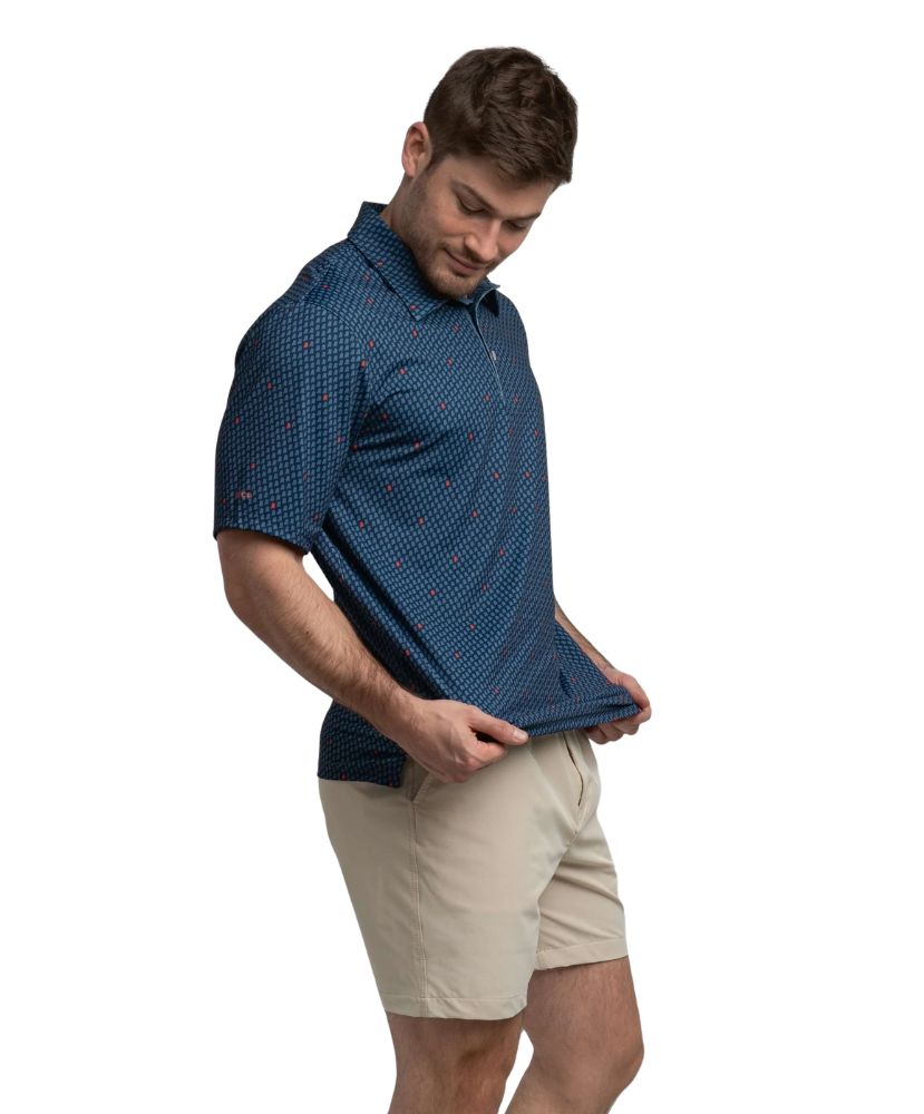 Man wearing a blue polo shirt with red Alabama state outline pattern and 'SSCO' logo on a white background