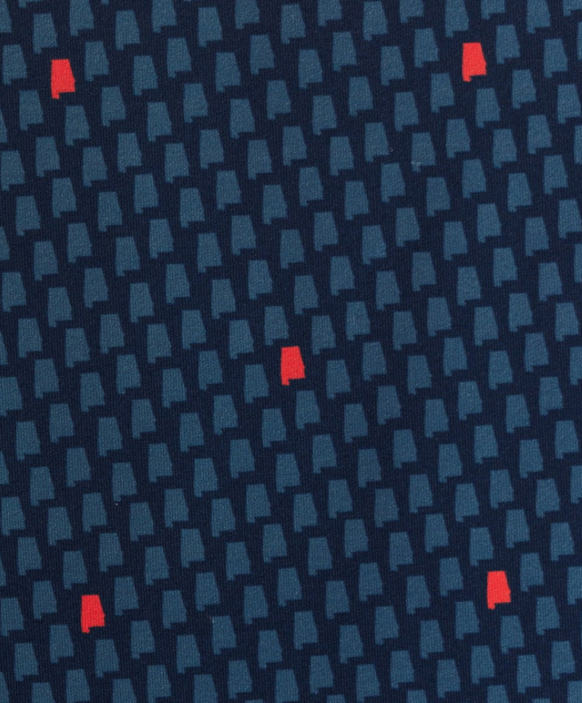 Blue polo shirt with red Alabama state outline pattern and 'SSCO' logo on a white background