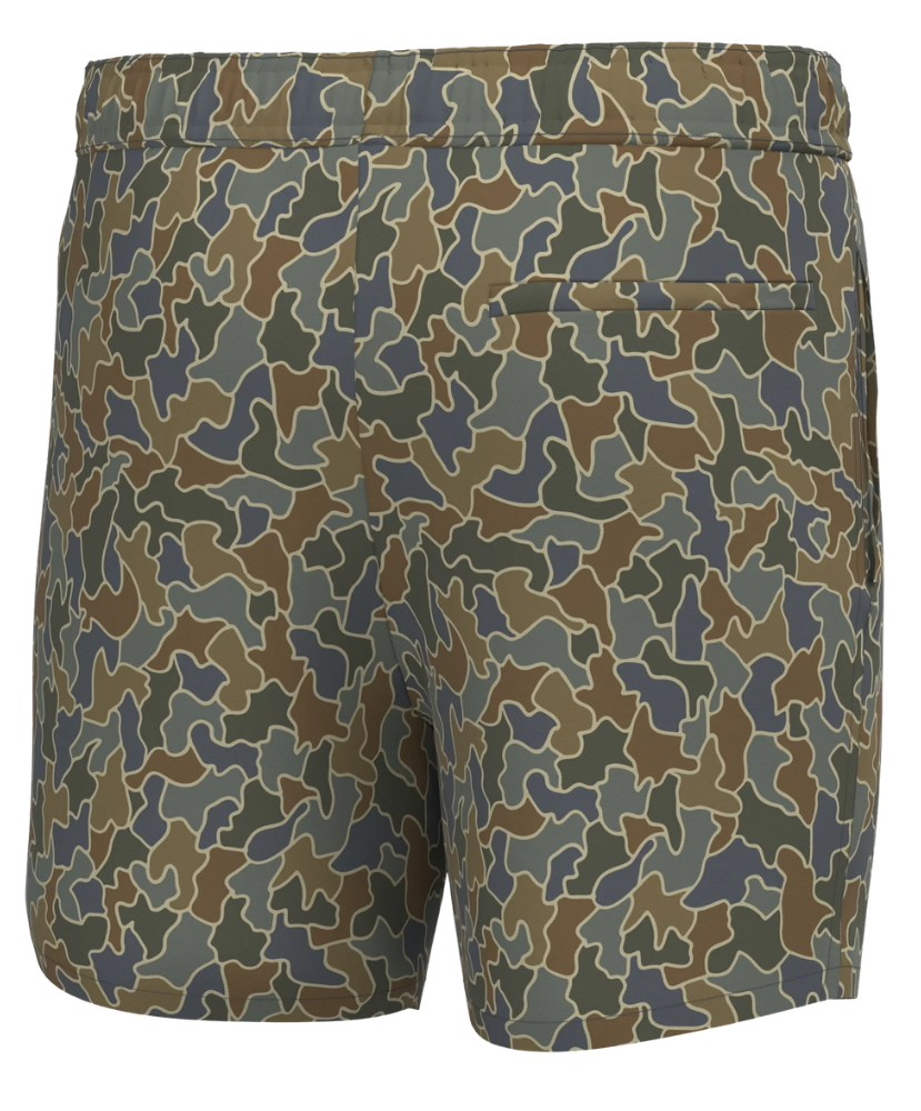 Camouflage-patterned shorts on a white background