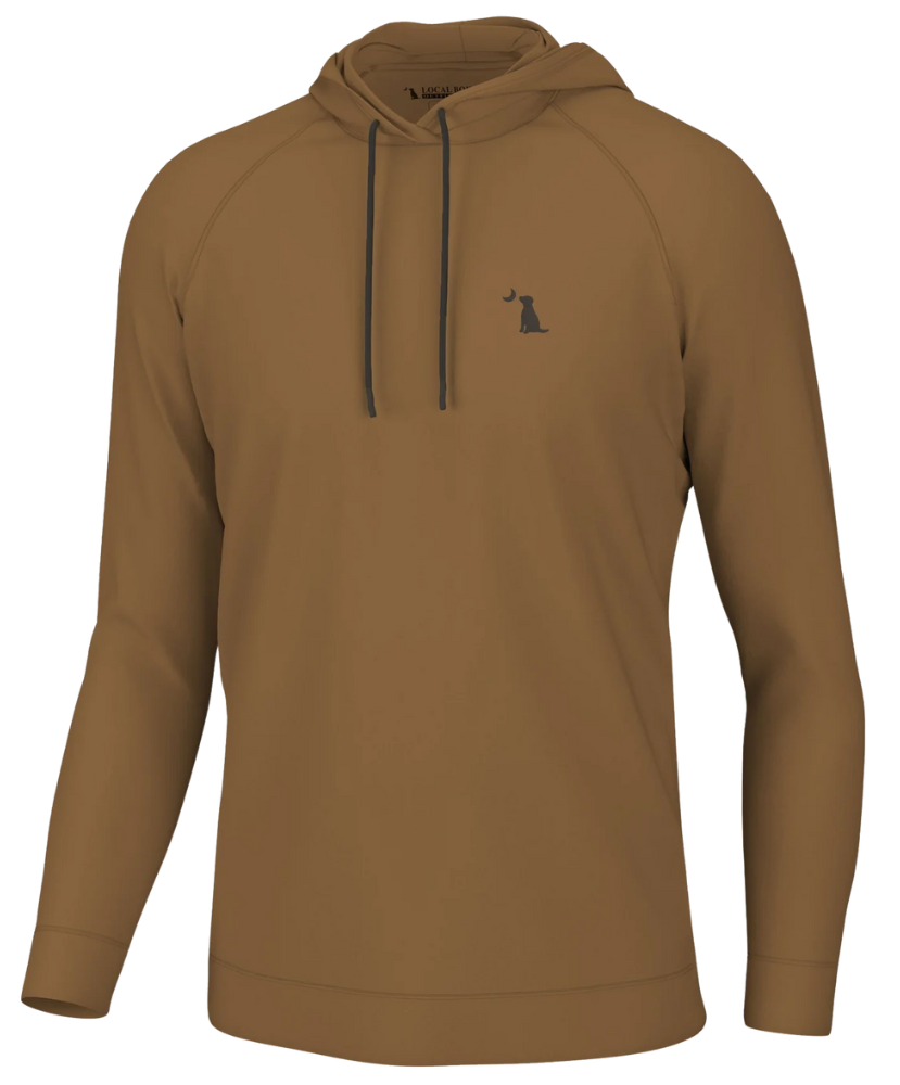 A rust hoodie with an adjustable drawstring hood, zipper front, and the 'Local Boy' brand tag visible on the chest.