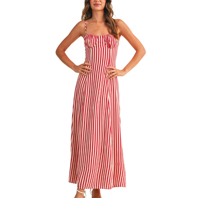 Striped Bustier Sleeveless Flared Maxi Dress