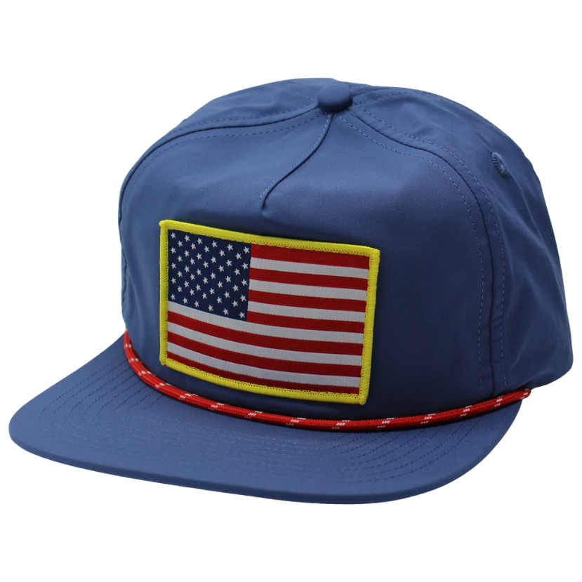 Blue cap with American flag patch on a white background