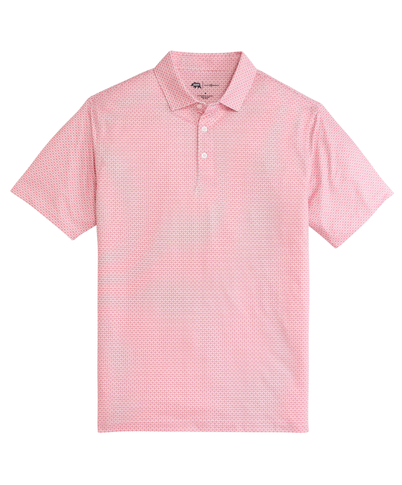 Pink polo shirt with a subtle pattern on a white background