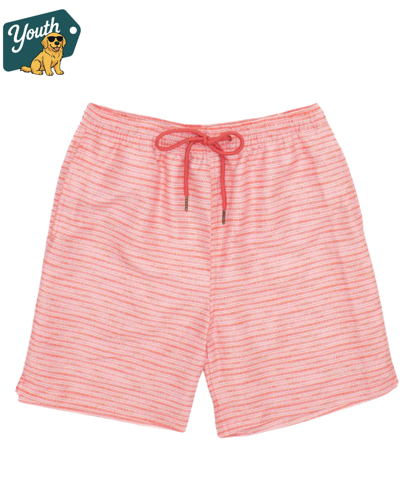 Pink striped shorts with a drawstring on a white background, featuring the 'Youth' brand logo.
