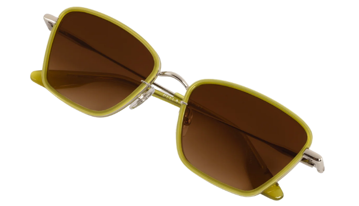 Krewe sunglasses with yellow frame and brown lenses on a white background